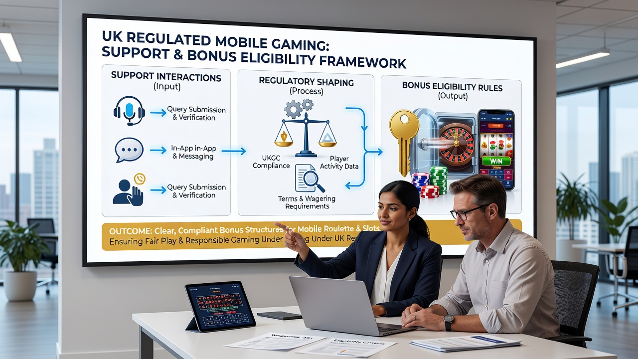 Customer support representative assisting a player via mobile chat interface with bonus terms visible on screen